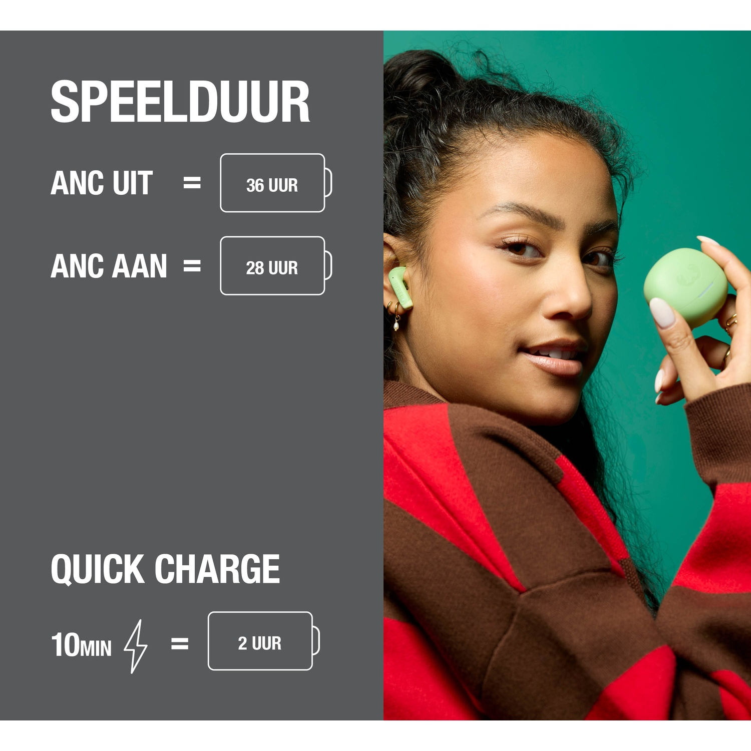 Een vrouw houdt groene oordopjes vast. Links staan de speelduur details.