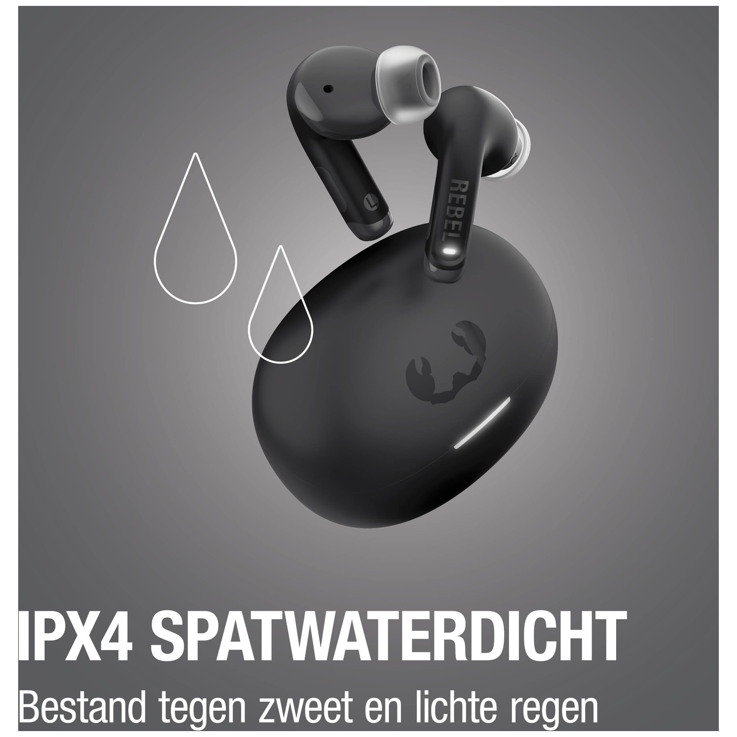Zwarte draadloze oordopjes met oplaadcase, IPX4 spatwaterdicht.