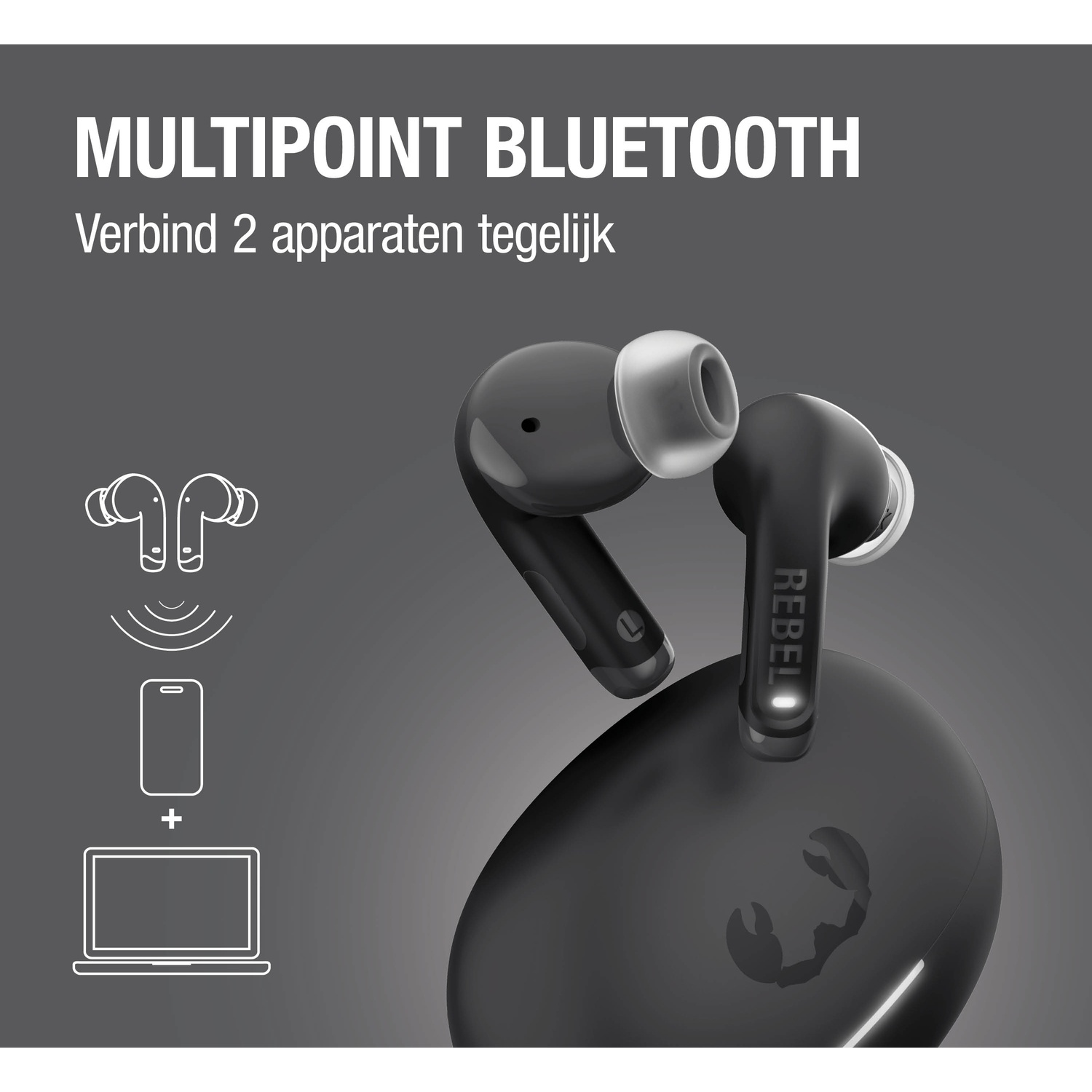 Zwarte draadloze oordopjes met oplaadcase en Bluetooth-verbindingssymbolen.