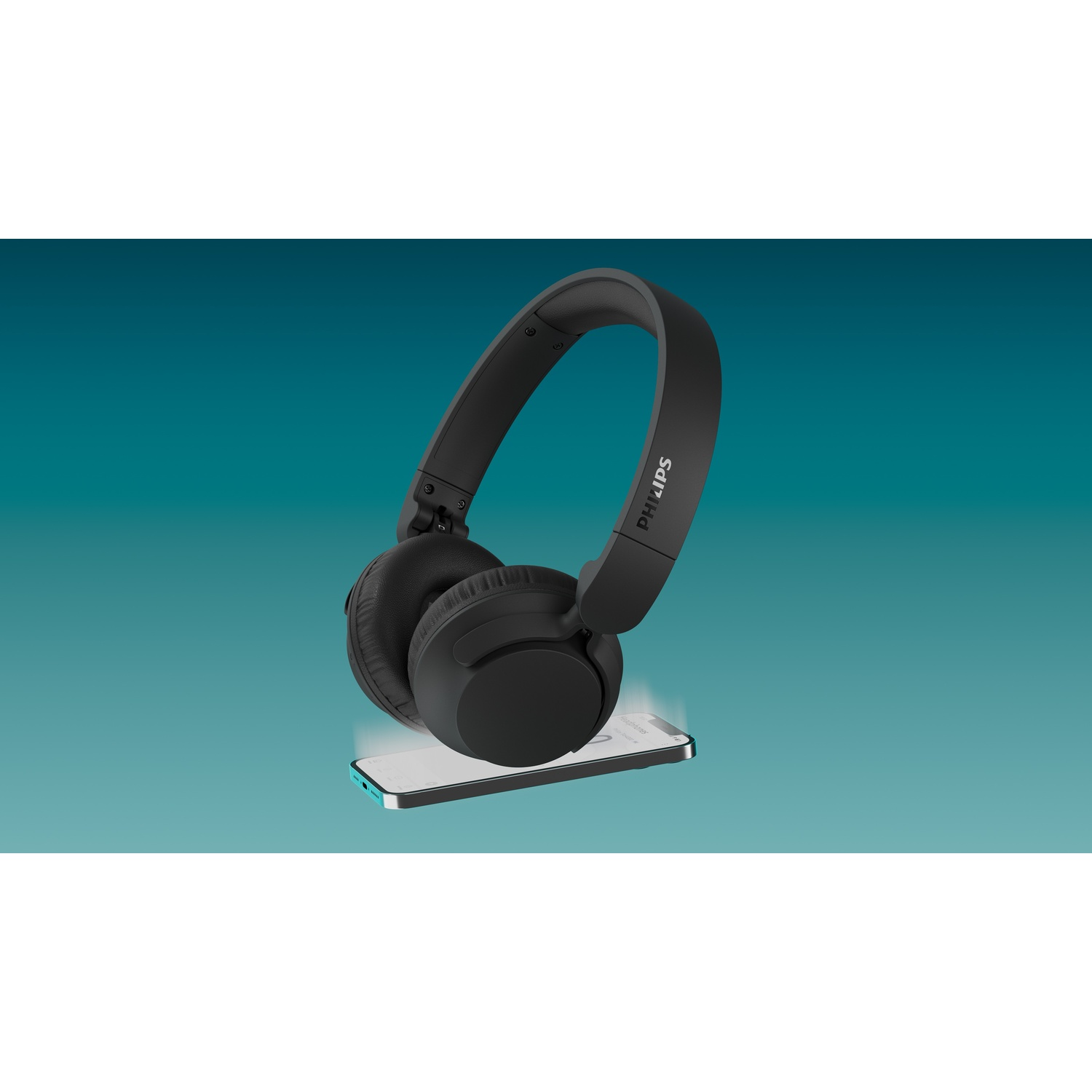 Cuffie nere Philips appoggiate su uno schermo di smartphone.