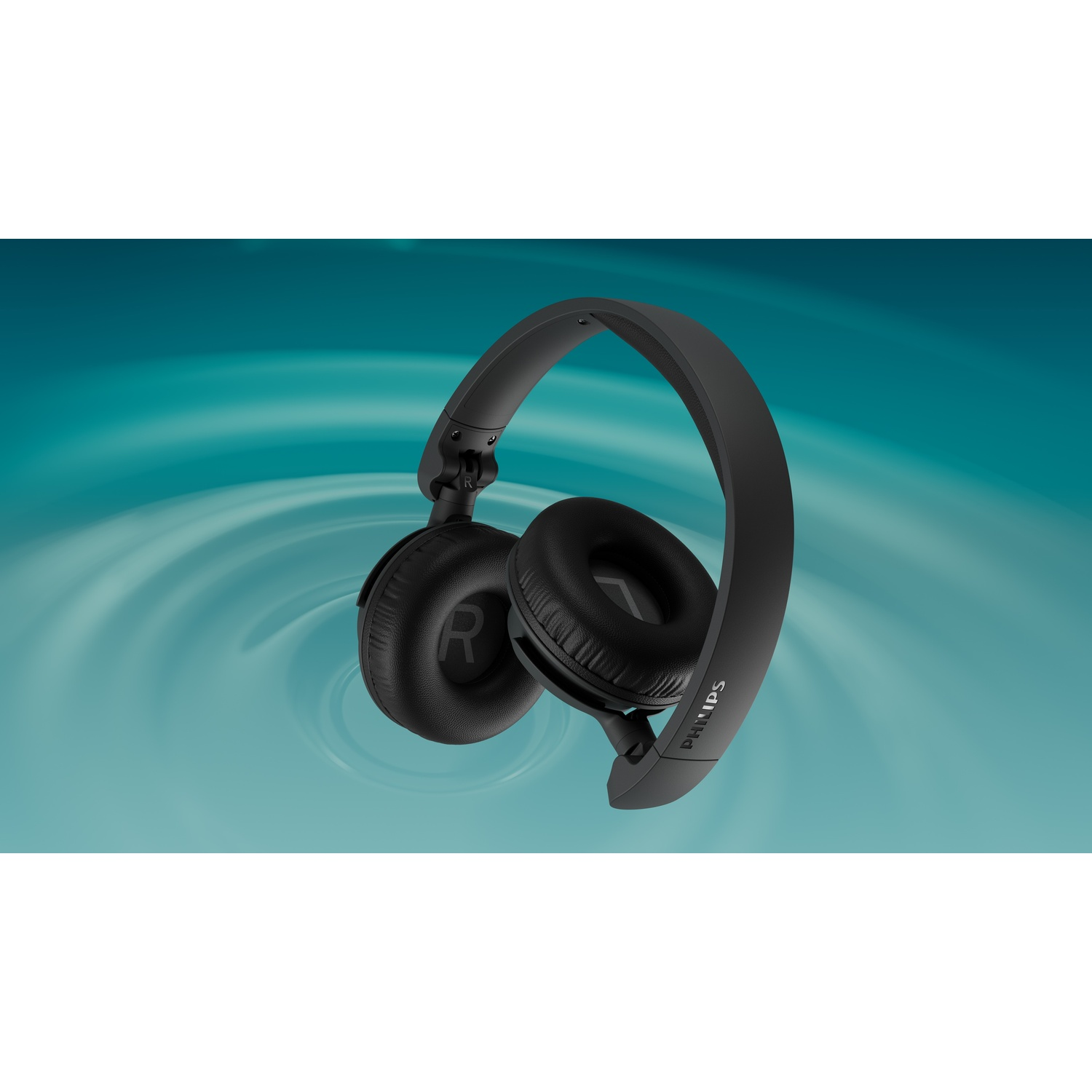 Cuffie Philips nere fluttuano su uno sfondo turchese vorticoso.