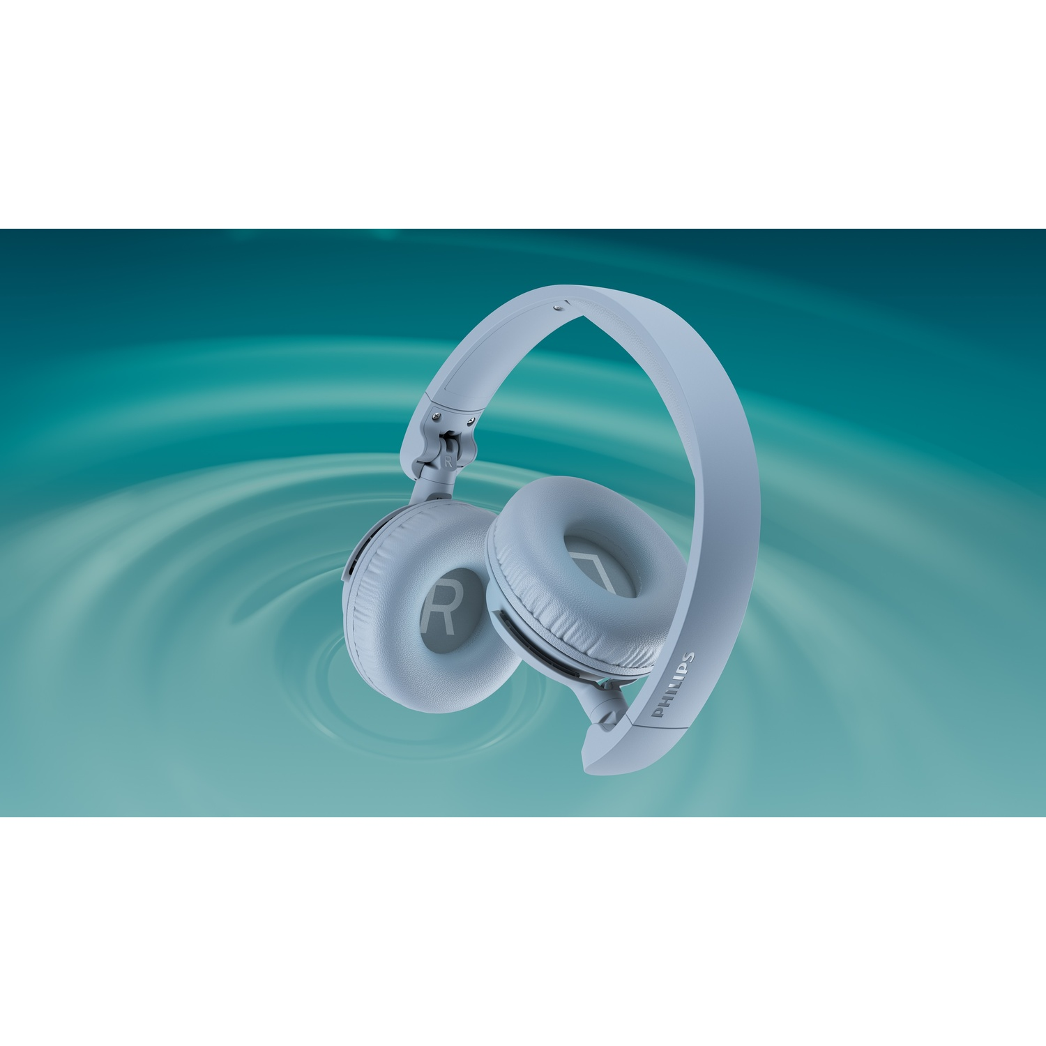 Cuffie Philips turchesa chiaro su sfondo turchese vorticoso.