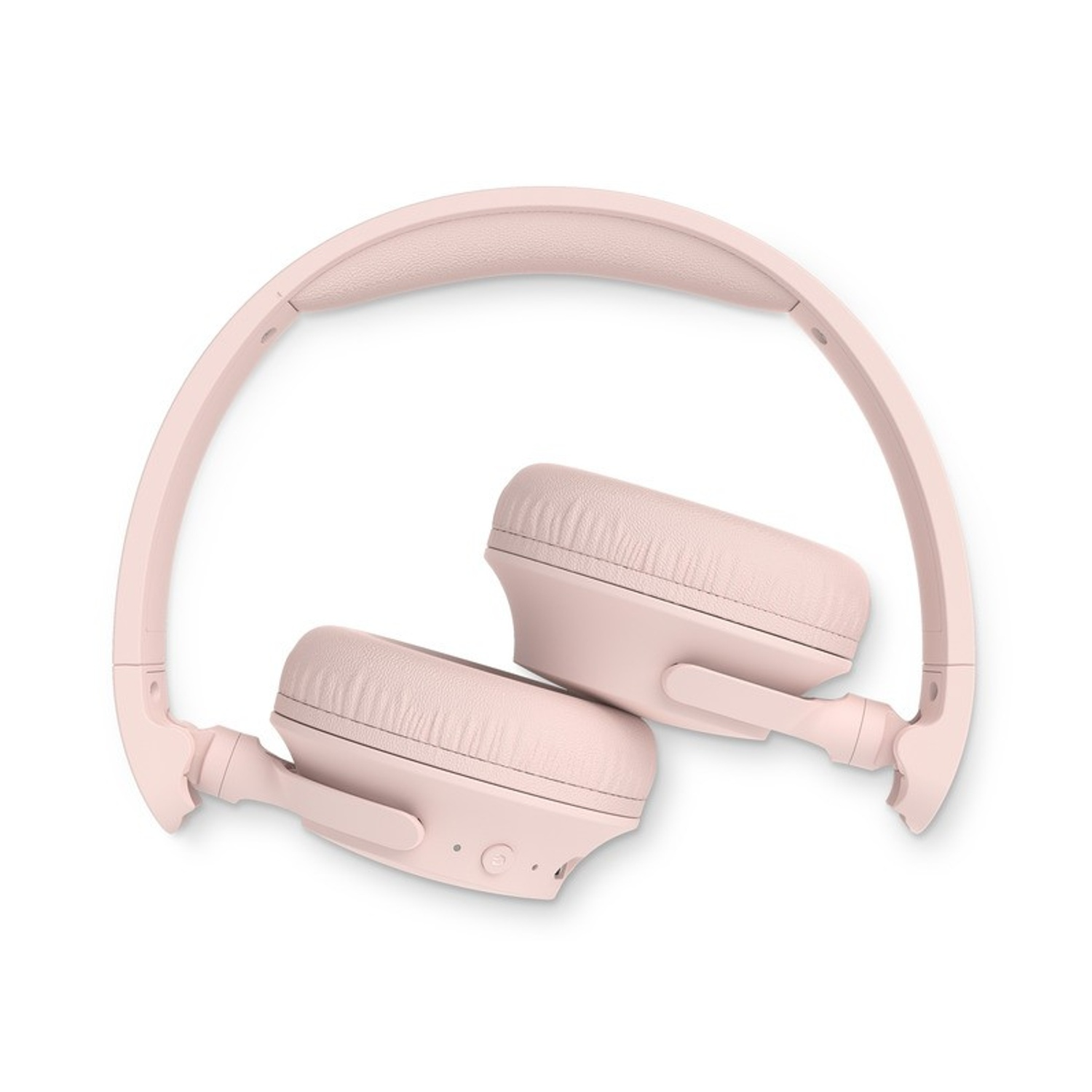 Un paio di cuffie rosa chiaro poggia su uno sfondo bianco.