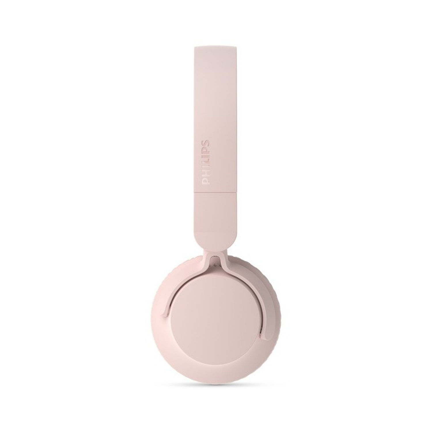 Un singolo paio di cuffie rosa chiaro è mostrato su sfondo bianco.