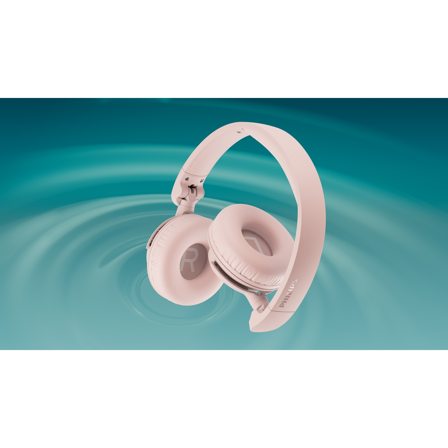 Cuffie Philips rosa fluttuano su sfondo turchese con effetto increspato.