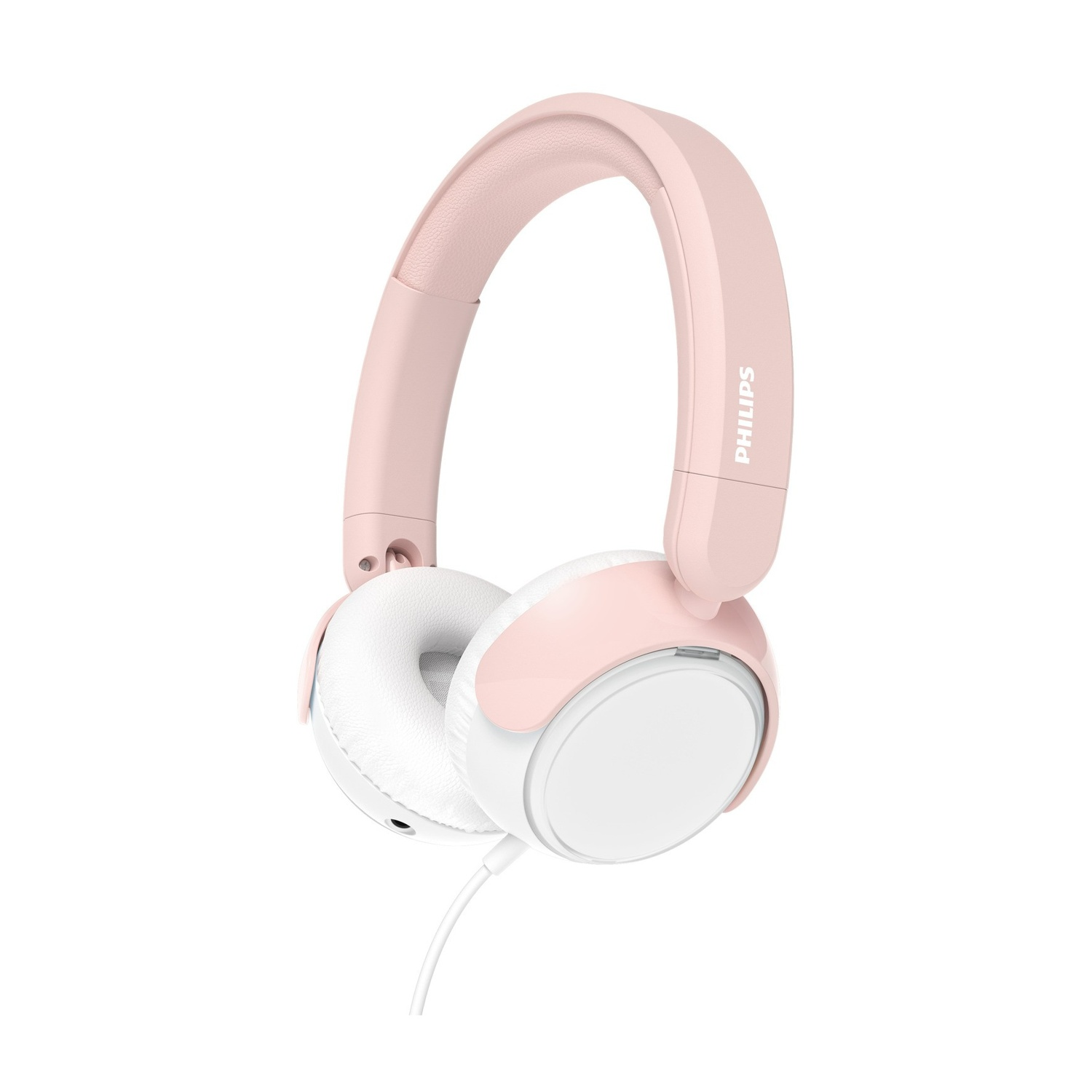 Cuffie Philips rosa e bianche con cavo, su sfondo bianco.