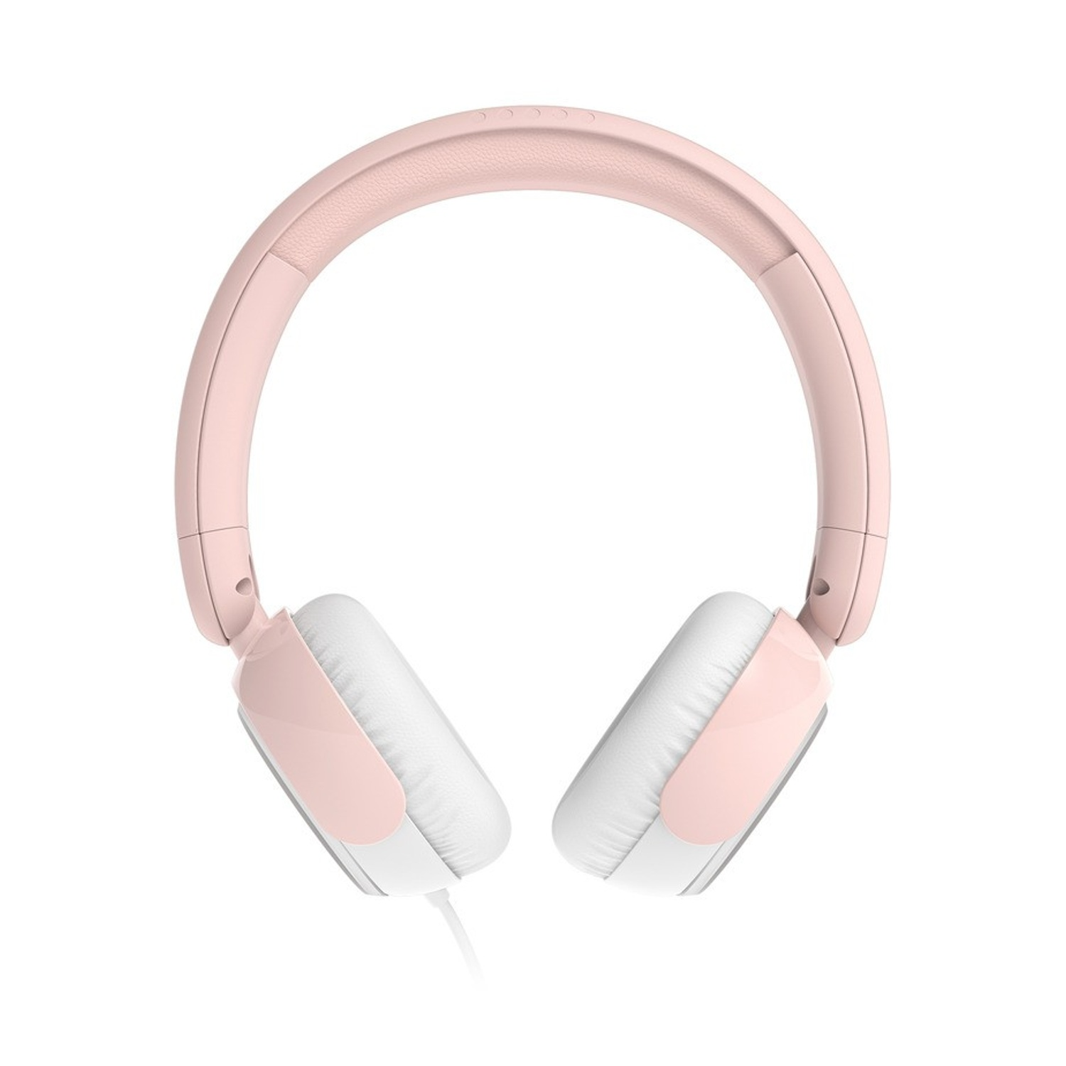 Cuffie rosa con auricolari bianchi e cavo bianco.