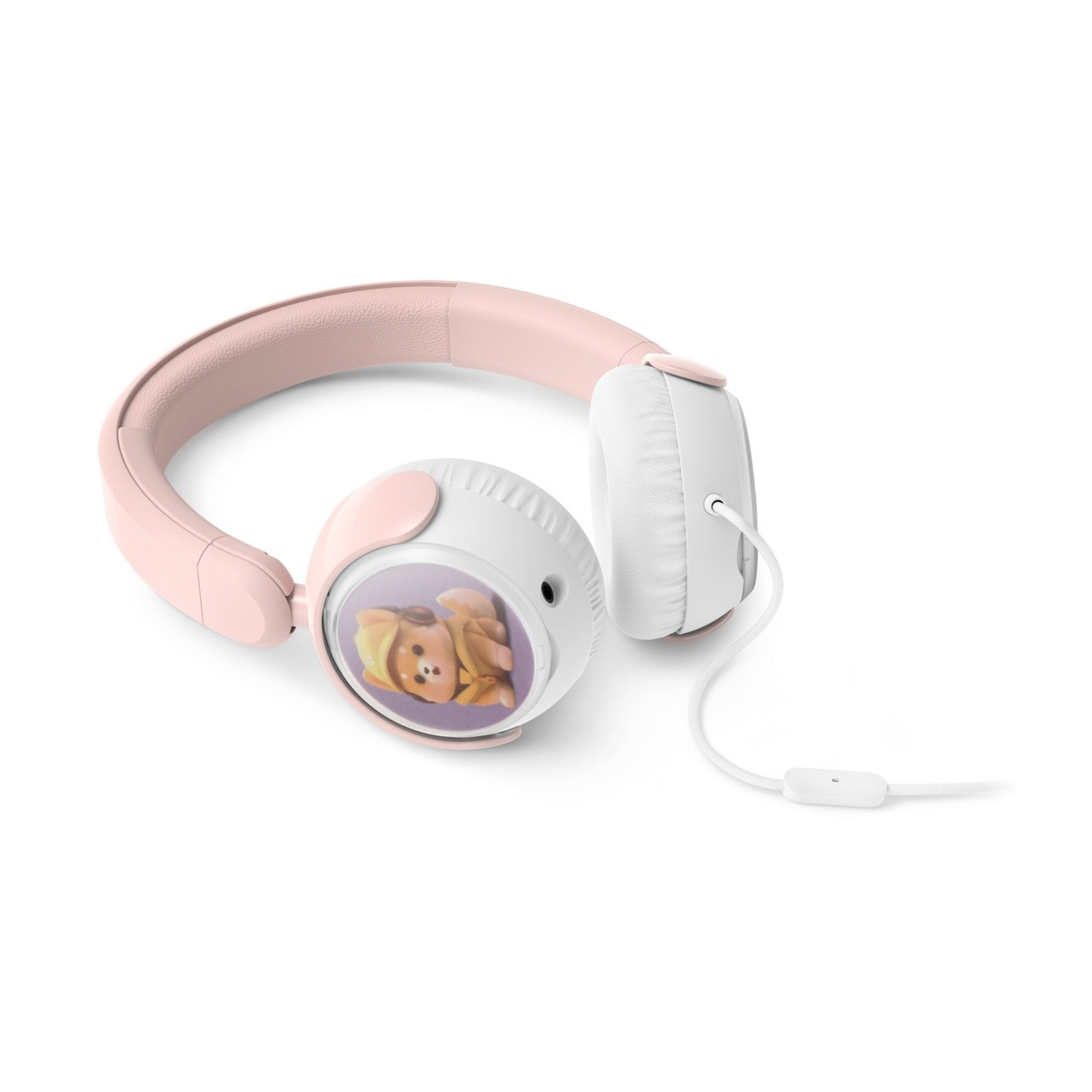 Cuffie rosa con auricolare bianco e grafica di orso sull'auricolare sinistro.