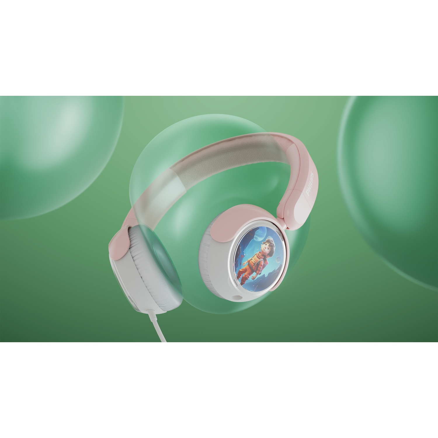 Cuffie rosa con grafica astronauta fluttuano su sfondo verde.