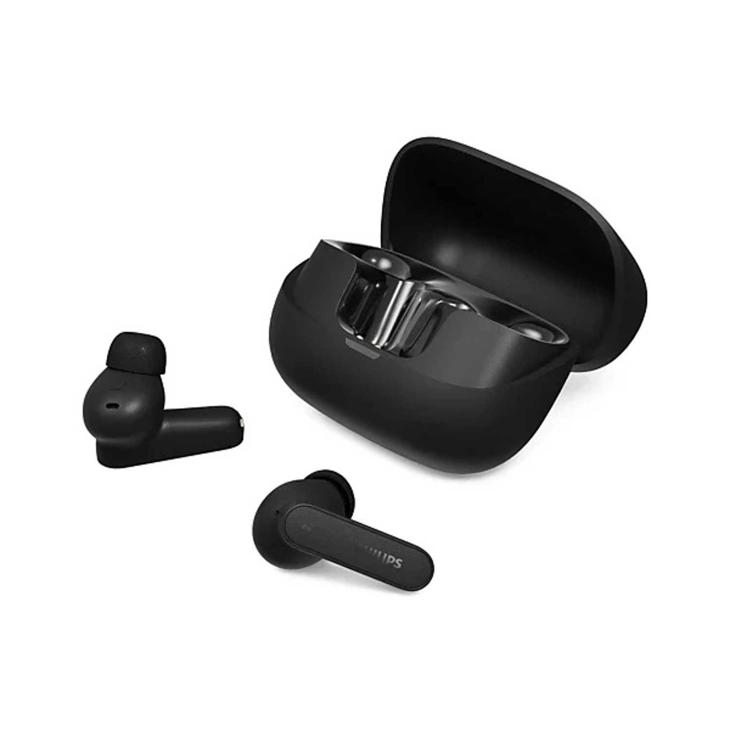 Auricolari wireless neri e la loro custodia di ricarica, su sfondo bianco.
