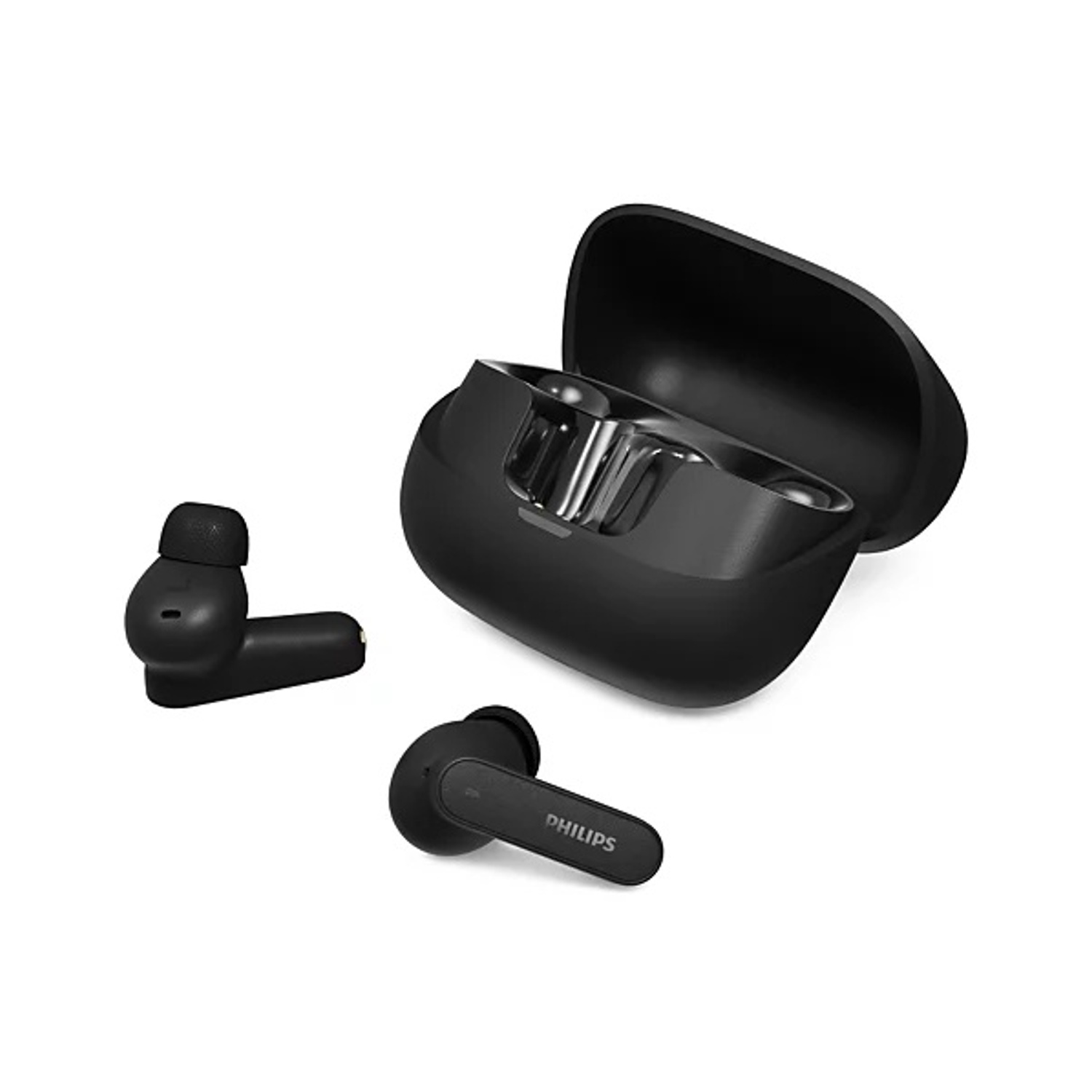 Auricolari wireless neri e la loro custodia di ricarica su sfondo bianco.