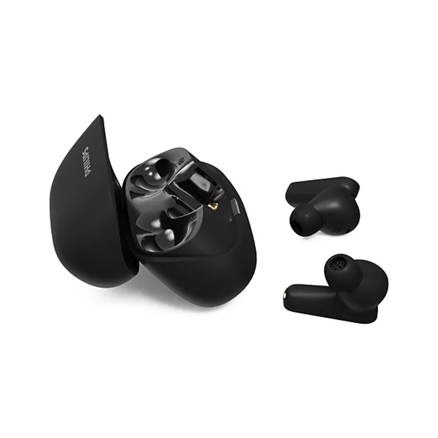 Auricolari wireless neri con custodia di ricarica, su sfondo bianco.