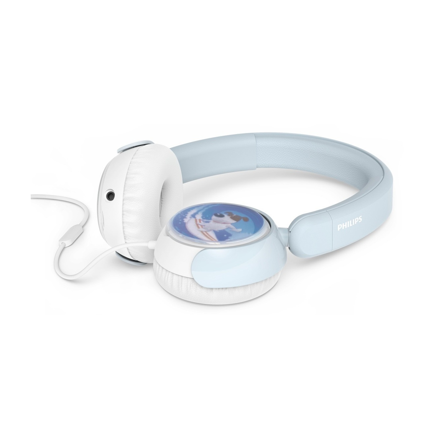 Cuffie Philips azzurro con padiglioni bianchi e grafica di un astronauta.