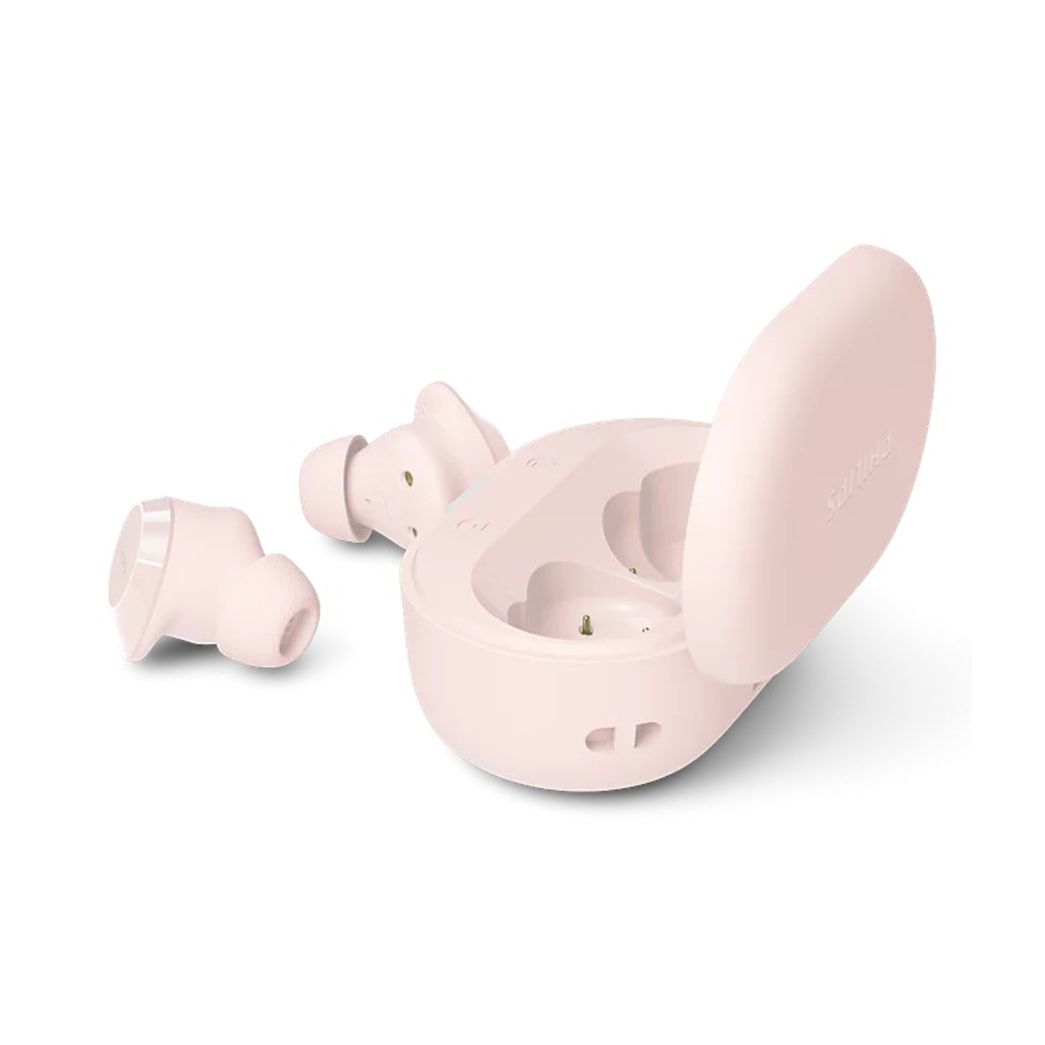 Un paio di auricolari wireless rosa con la custodia di ricarica; un auricolare separato.