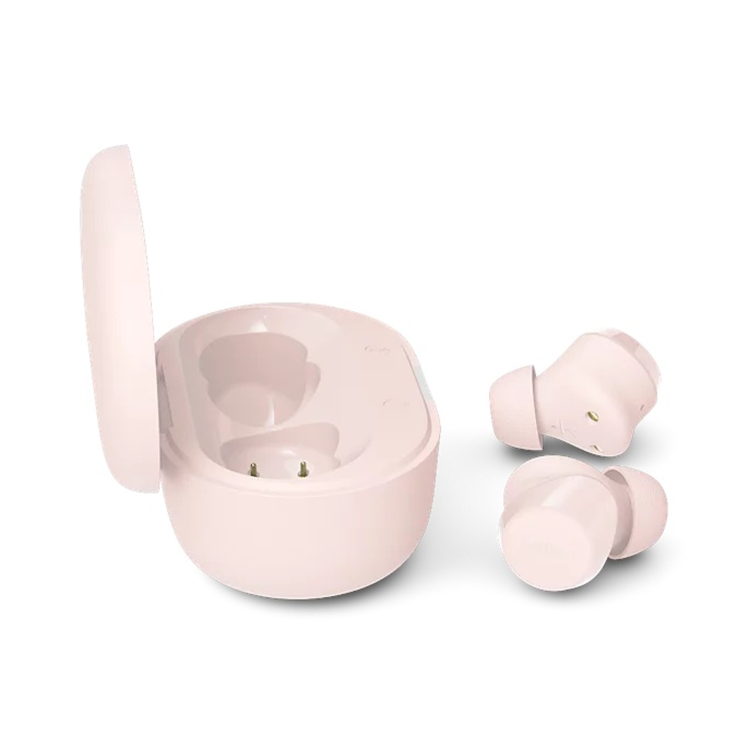 Auricolari wireless rosa e custodia di ricarica su sfondo bianco.