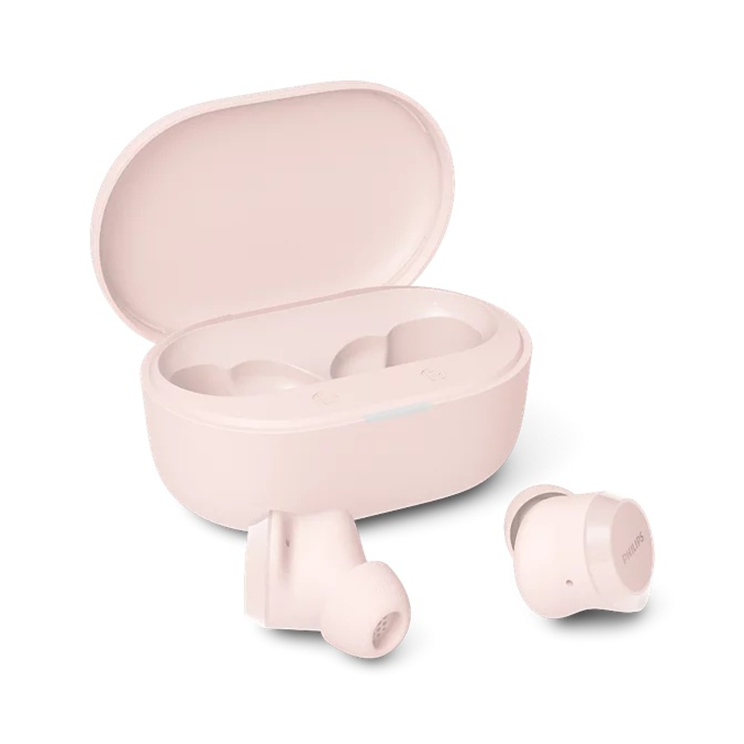 Una custodia di ricarica rosa con coperchio aperto e due auricolari wireless.