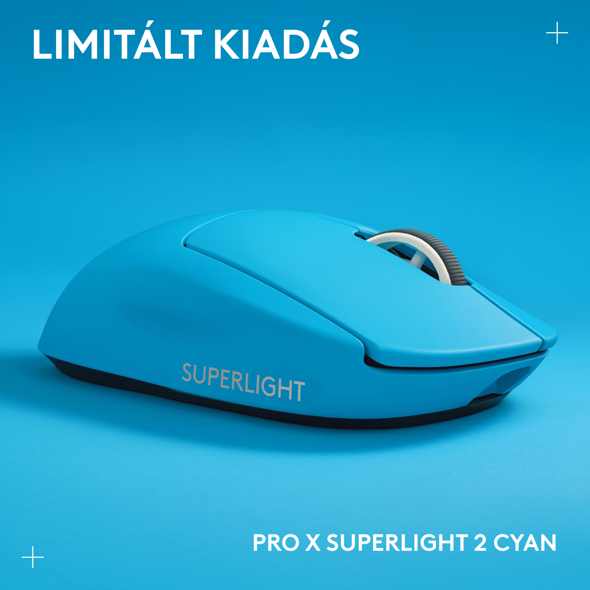 Világoskék egér "SUPERLIGHT" felirattal kék háttéren.
