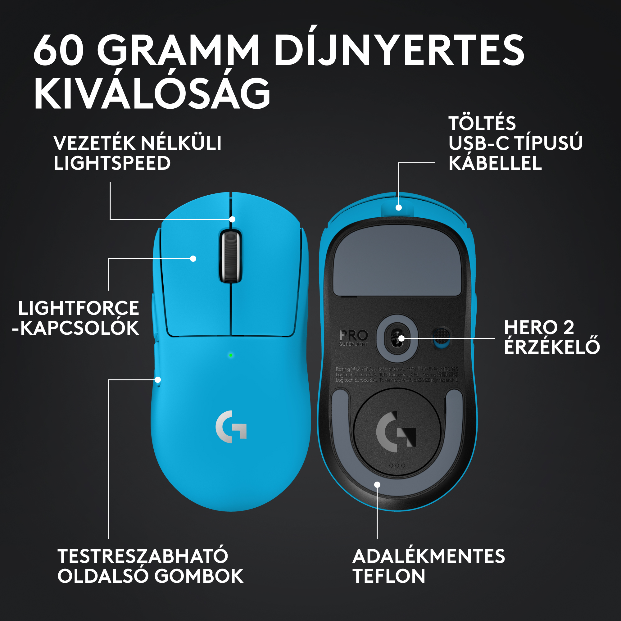 Kék Logitech Pro Superlight gamer egér, felülnézet és alsó nézet, szöveggel.
