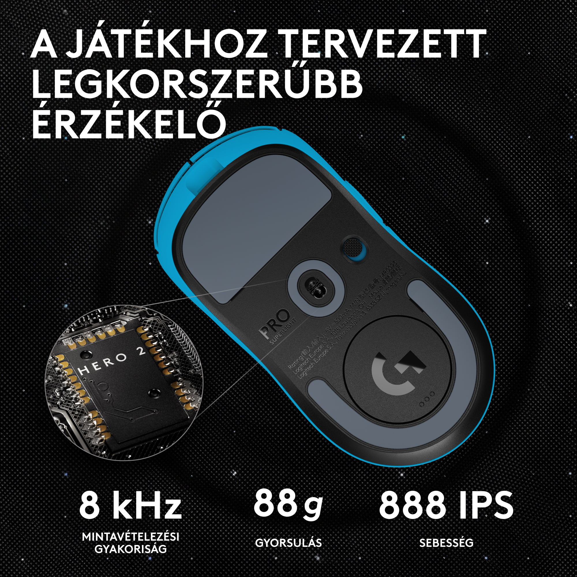 Kék gamer egér alja "HERO 2" szenzorral és műszaki adatokkal.