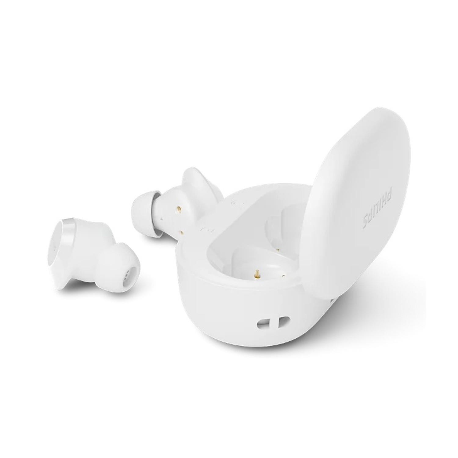 Un paio di auricolari wireless bianchi con custodia di ricarica aperta su sfondo bianco.