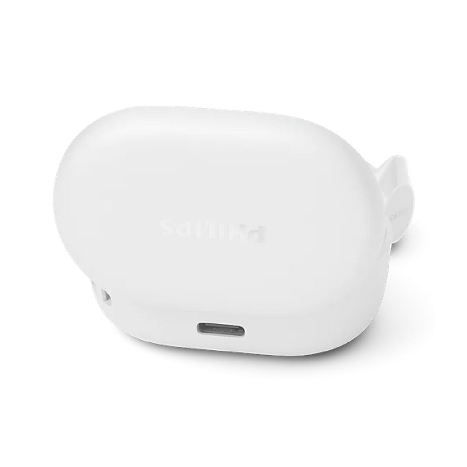 Custodia di ricarica bianca per auricolari con logo Philips e porta USB-C.