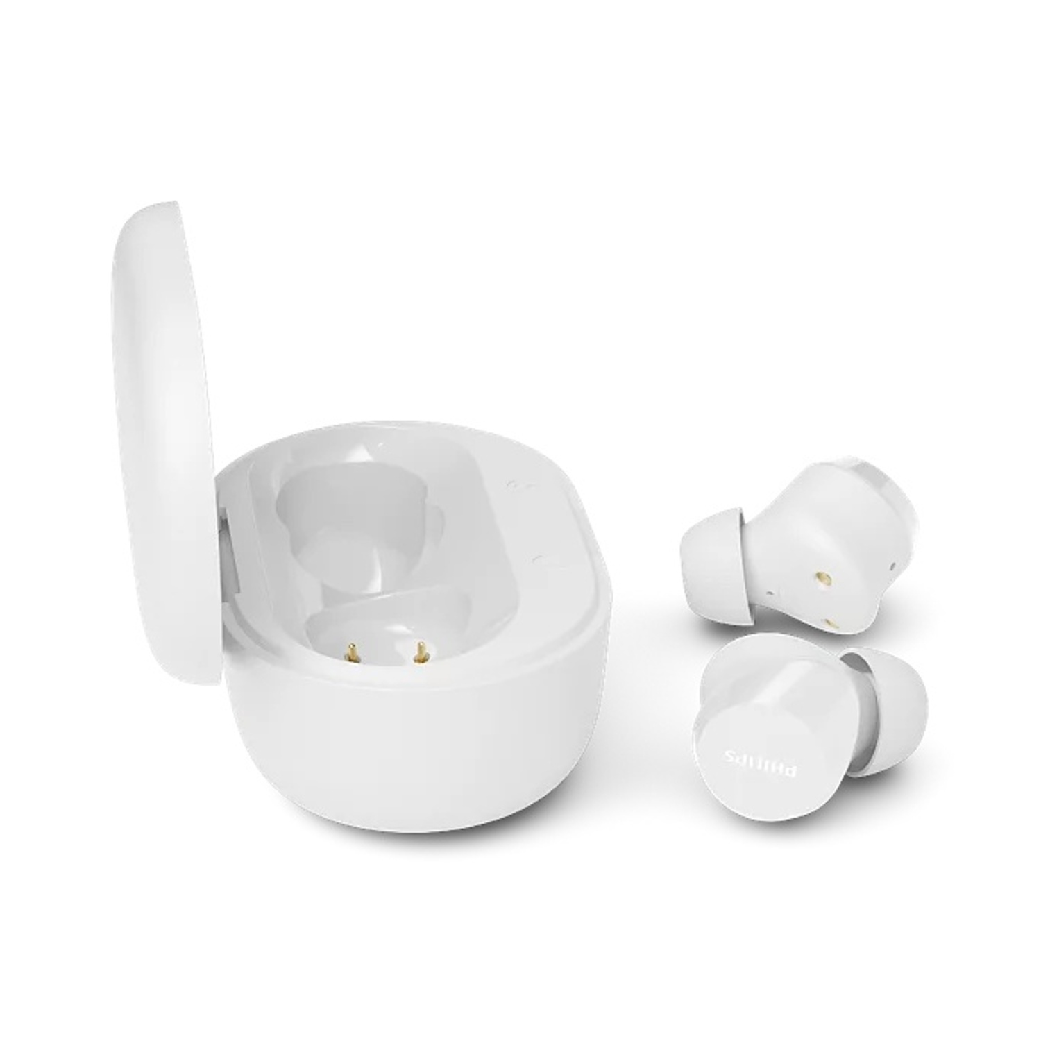 Auricolari wireless bianchi e custodia di ricarica aperta su sfondo bianco.