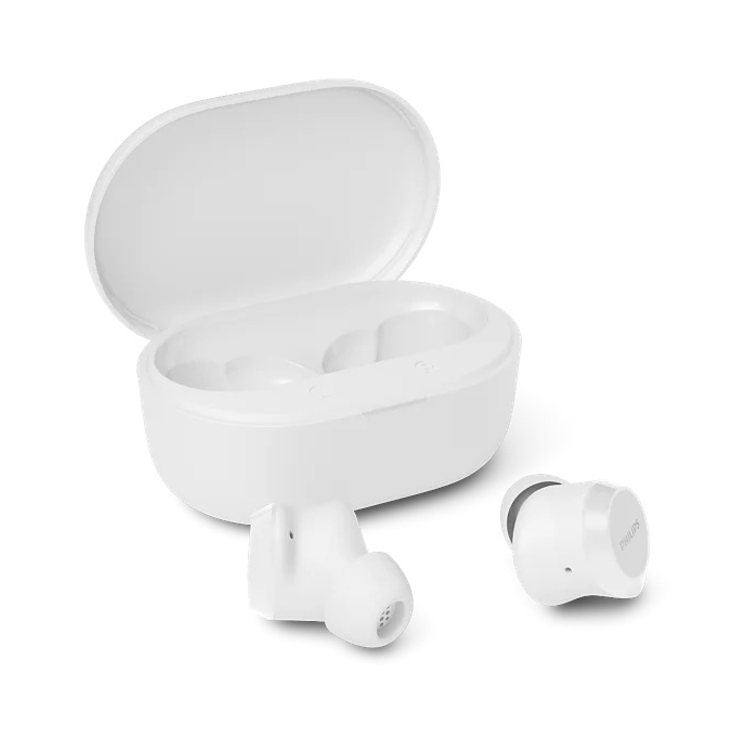 Auricolari bianchi accanto a una custodia di ricarica aperta su sfondo bianco.