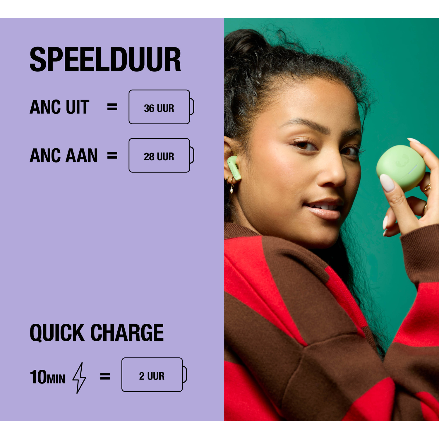 Details on playtime and quick charge for earbuds with illustrations.