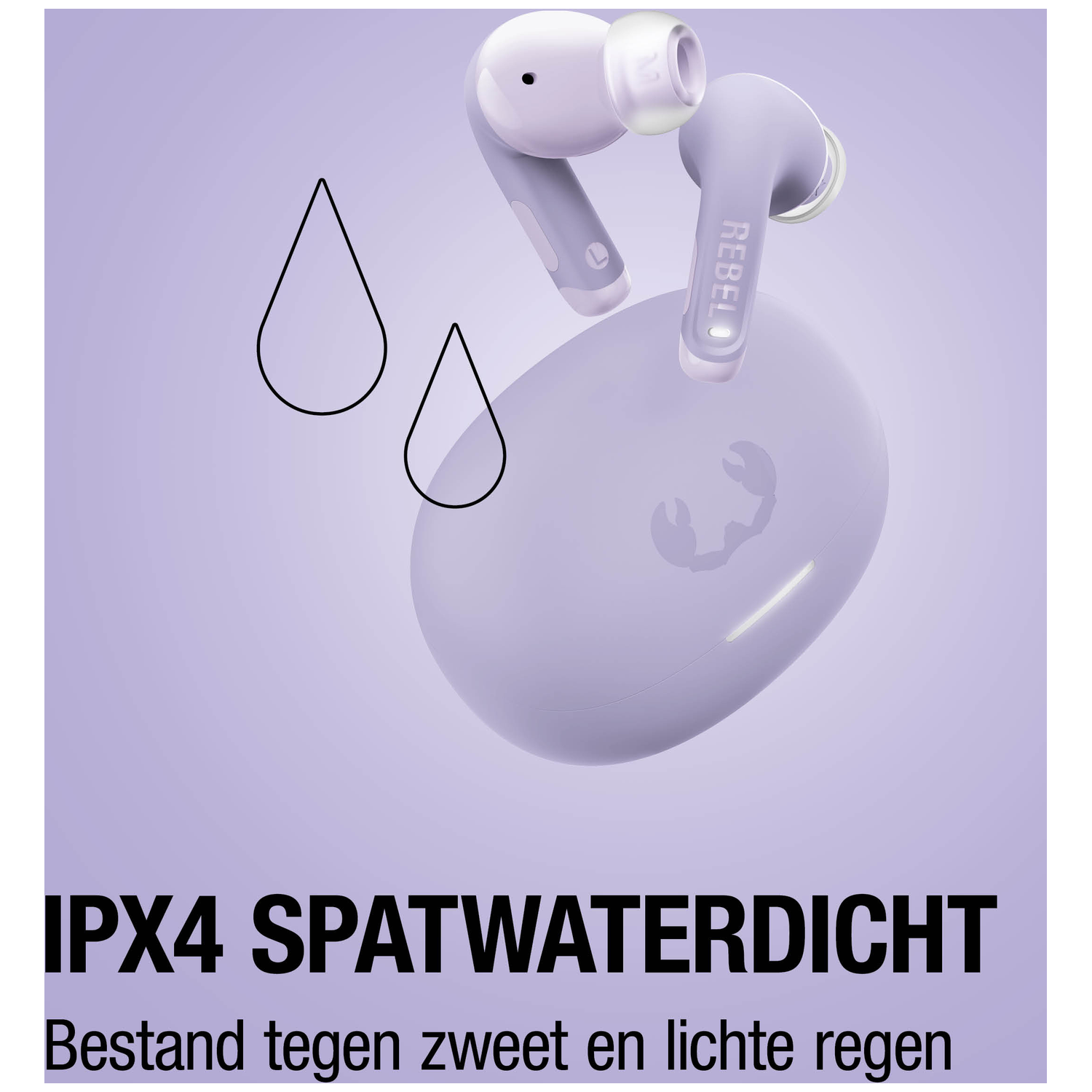 Purple wireless earbuds with charging case and water drop icons. IPX4 splash-proof.