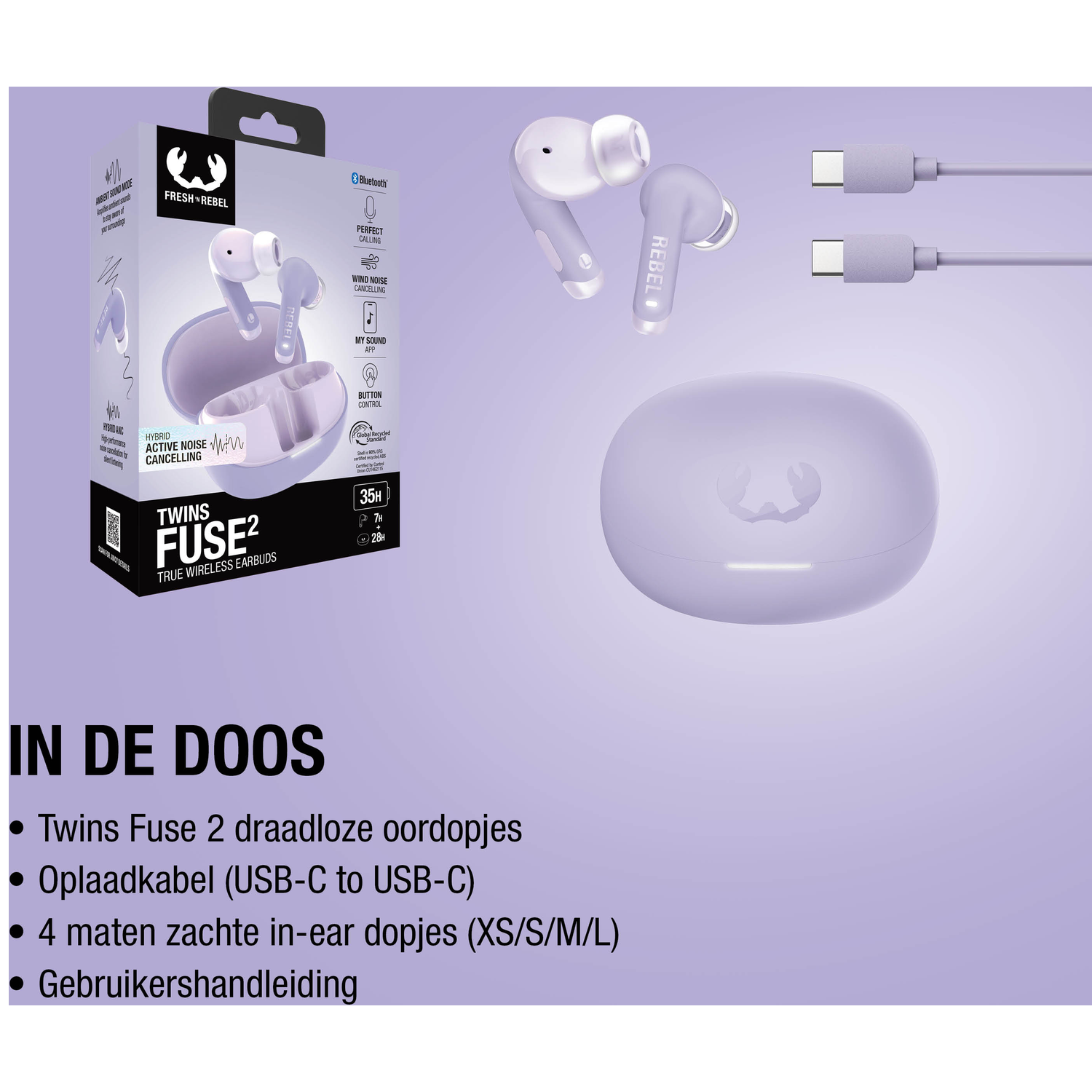 Lilac wireless earbuds with charging case and two USB-C cables.