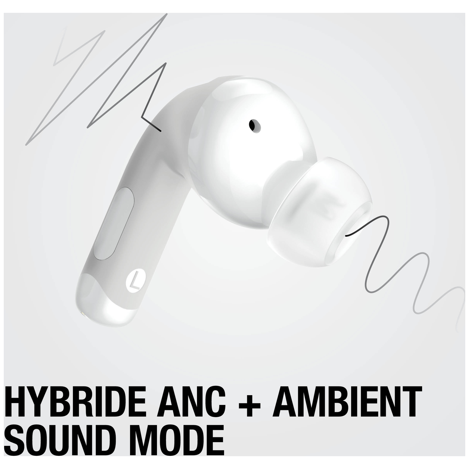 A white left earbud with an L symbol and sound waves.