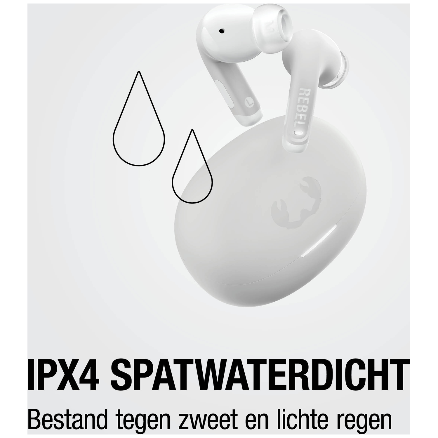 White earbuds with charging case, IPX4 water resistant.