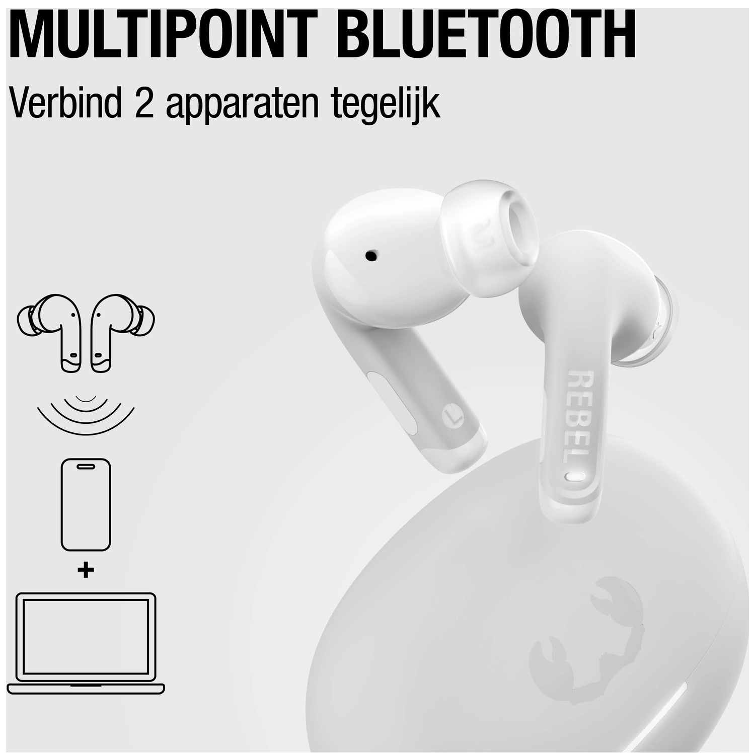 White Bluetooth earbuds rest on a charging case with a scorpion logo.