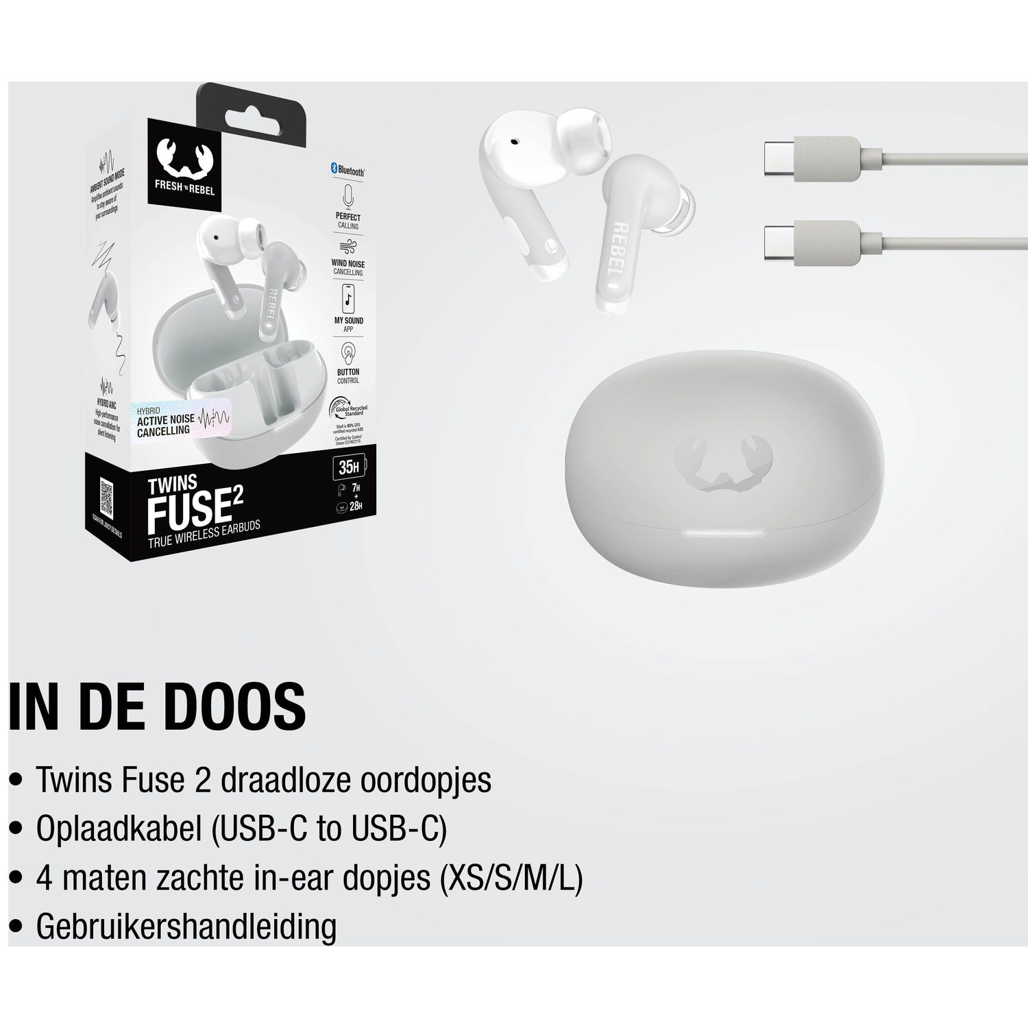 White true wireless earbuds with charging case, cables, and packaging.