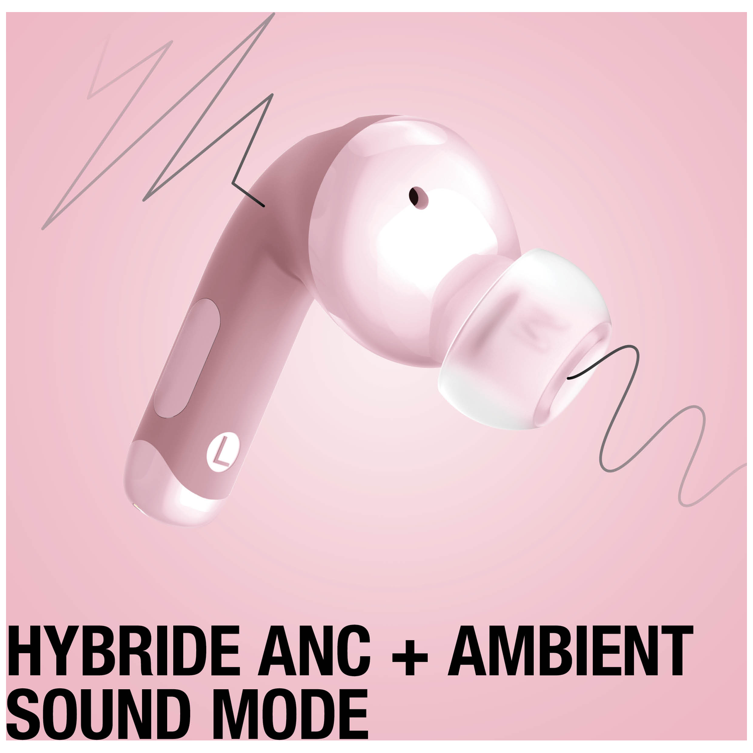 A pink earbud with an L marking and sound waves on a pink background.