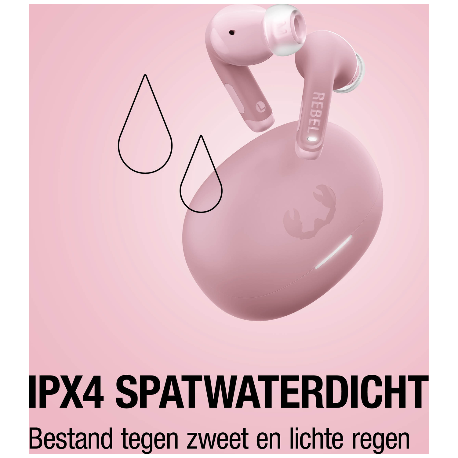 Pink wireless earbuds with charging case and water drop icons.