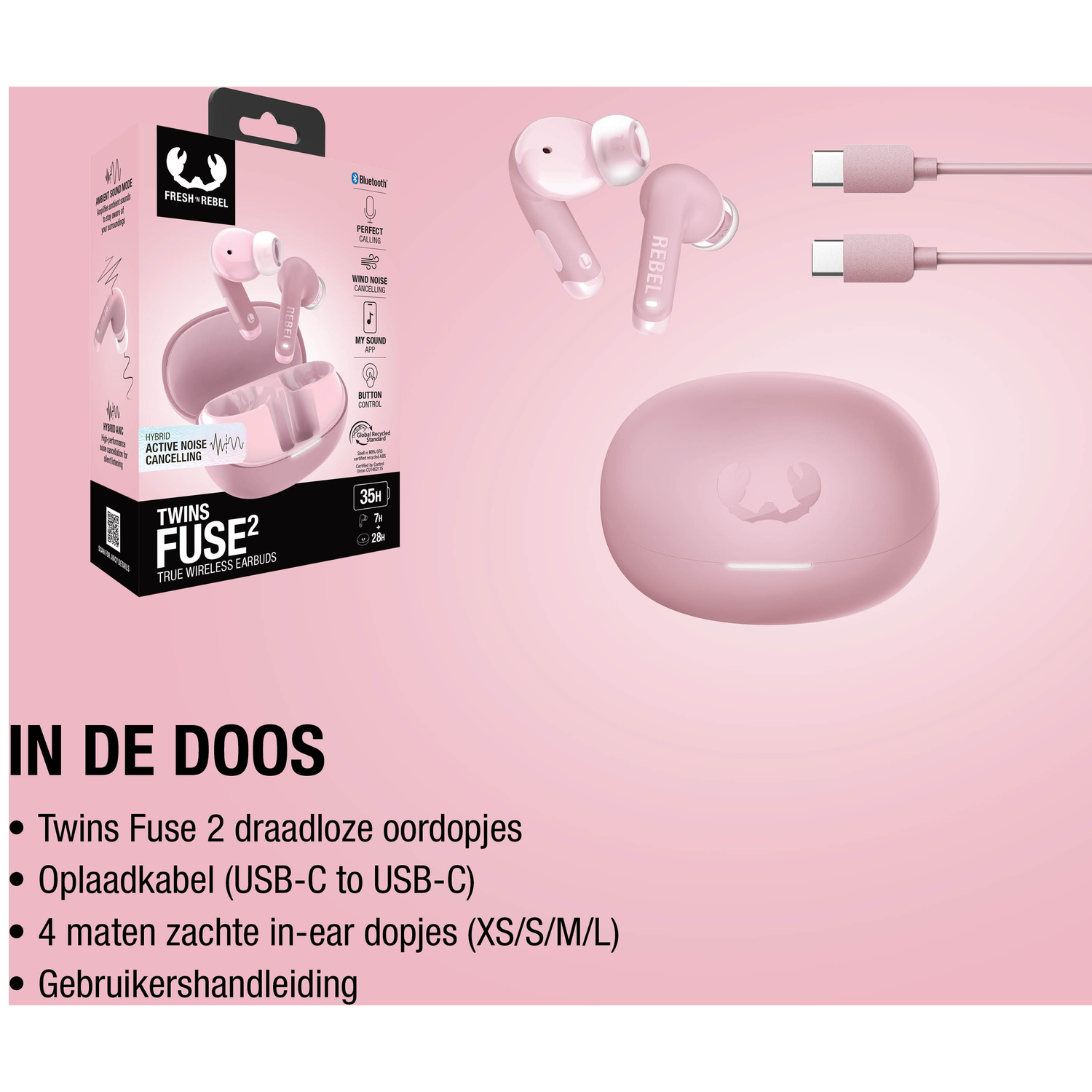 A pink wireless earbuds package with charging case, cable, and product information.
