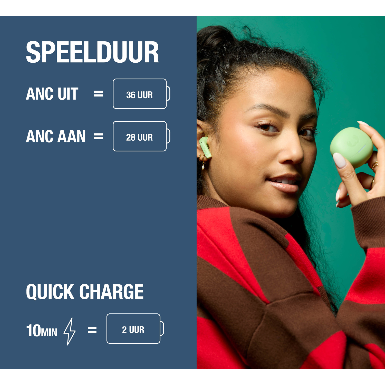 A woman holds a green earbud case. Playtime specs are on the left.