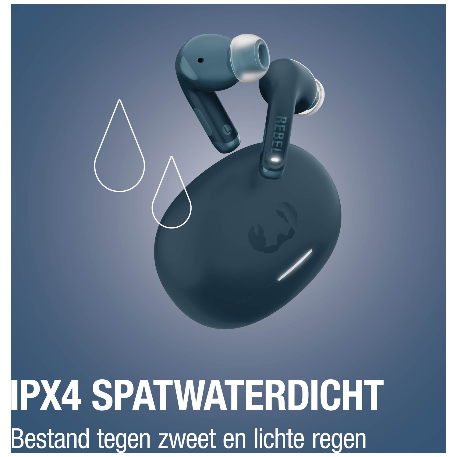 Blue wireless earbuds with charging case, splash-proof.