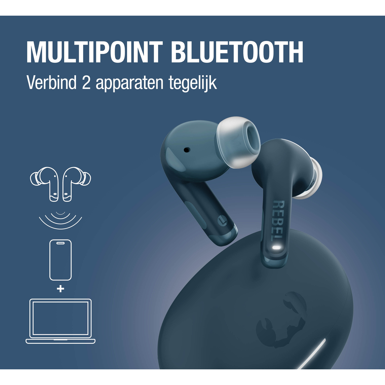 Wireless earbuds with charging case, connected to smartphone and laptop.