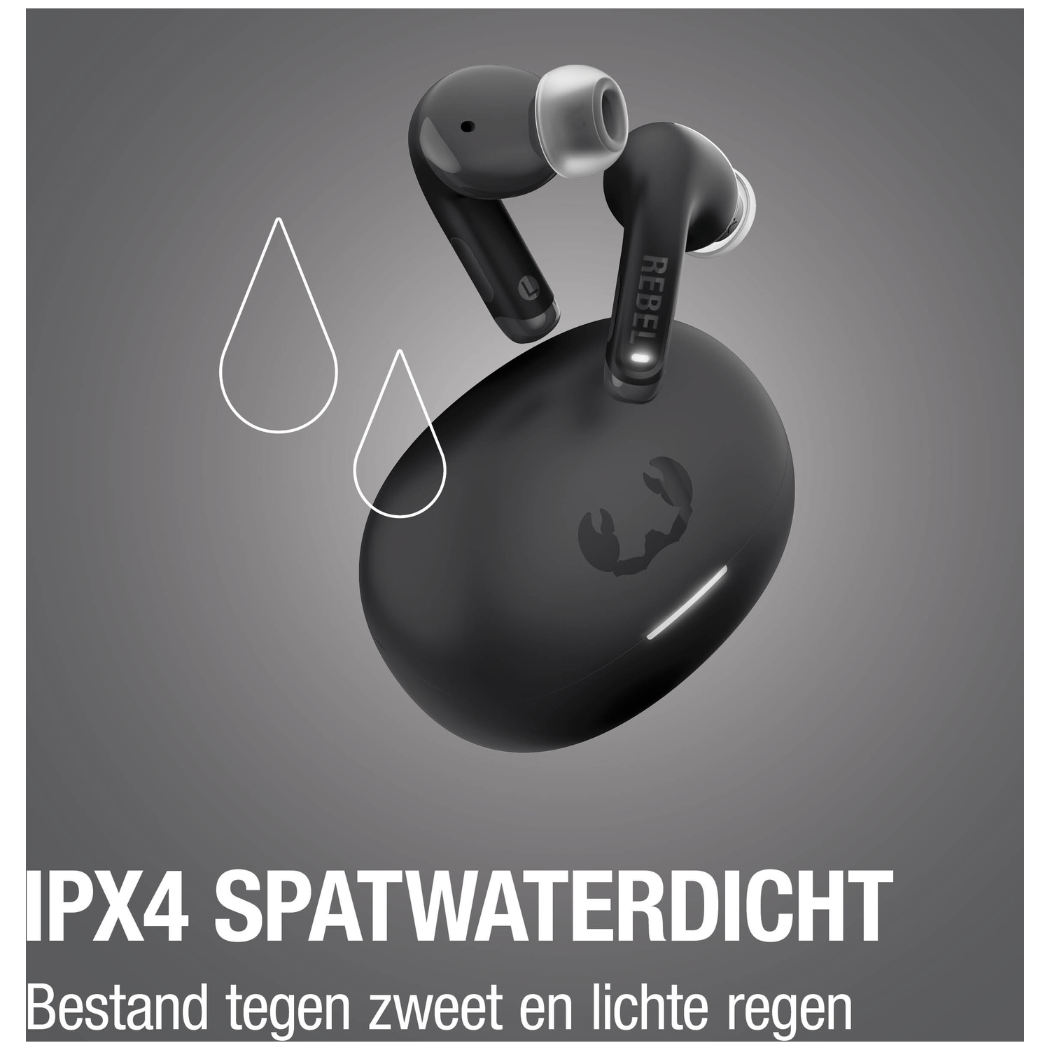 Black wireless earbuds with charging case, IPX4 splash-proof.