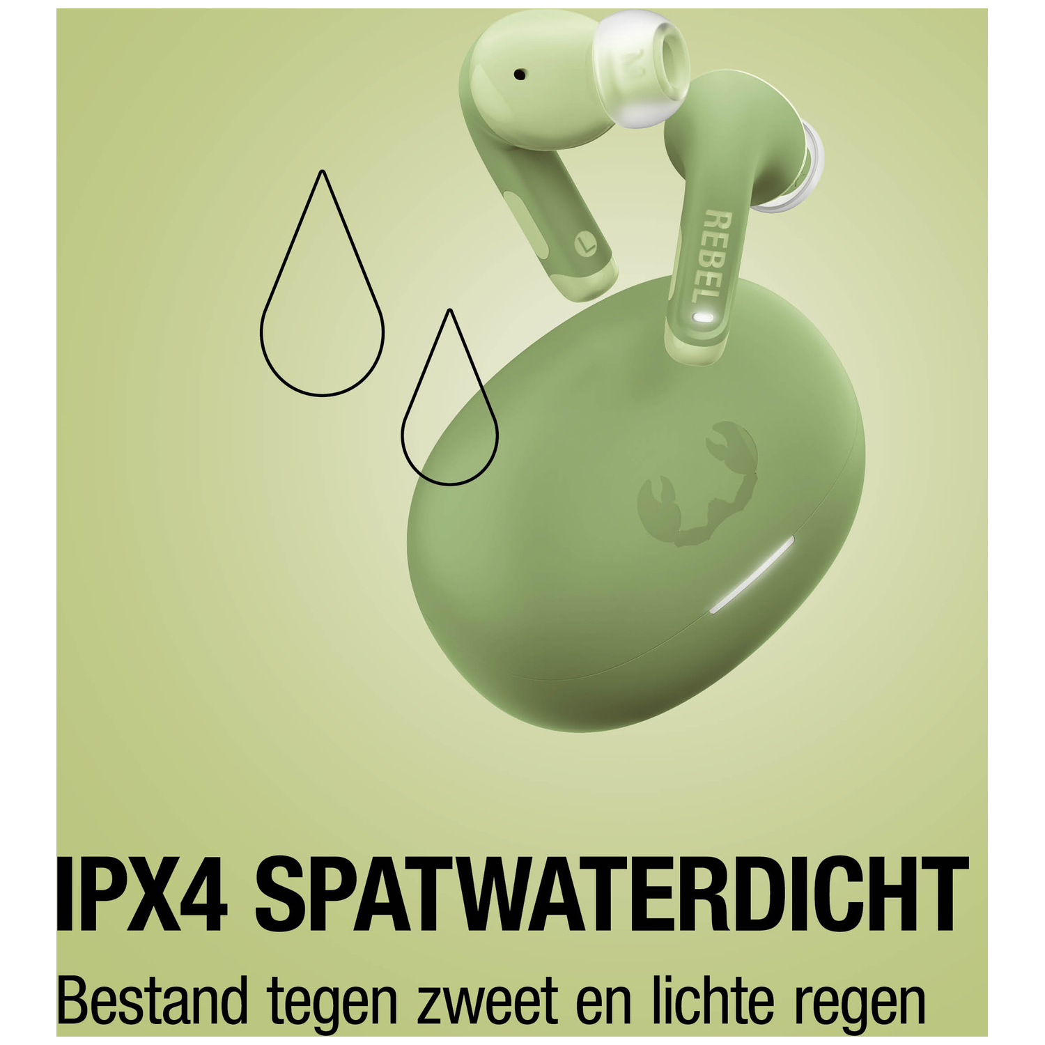 Green wireless earbuds with charging case, IPX4 splash-proof.