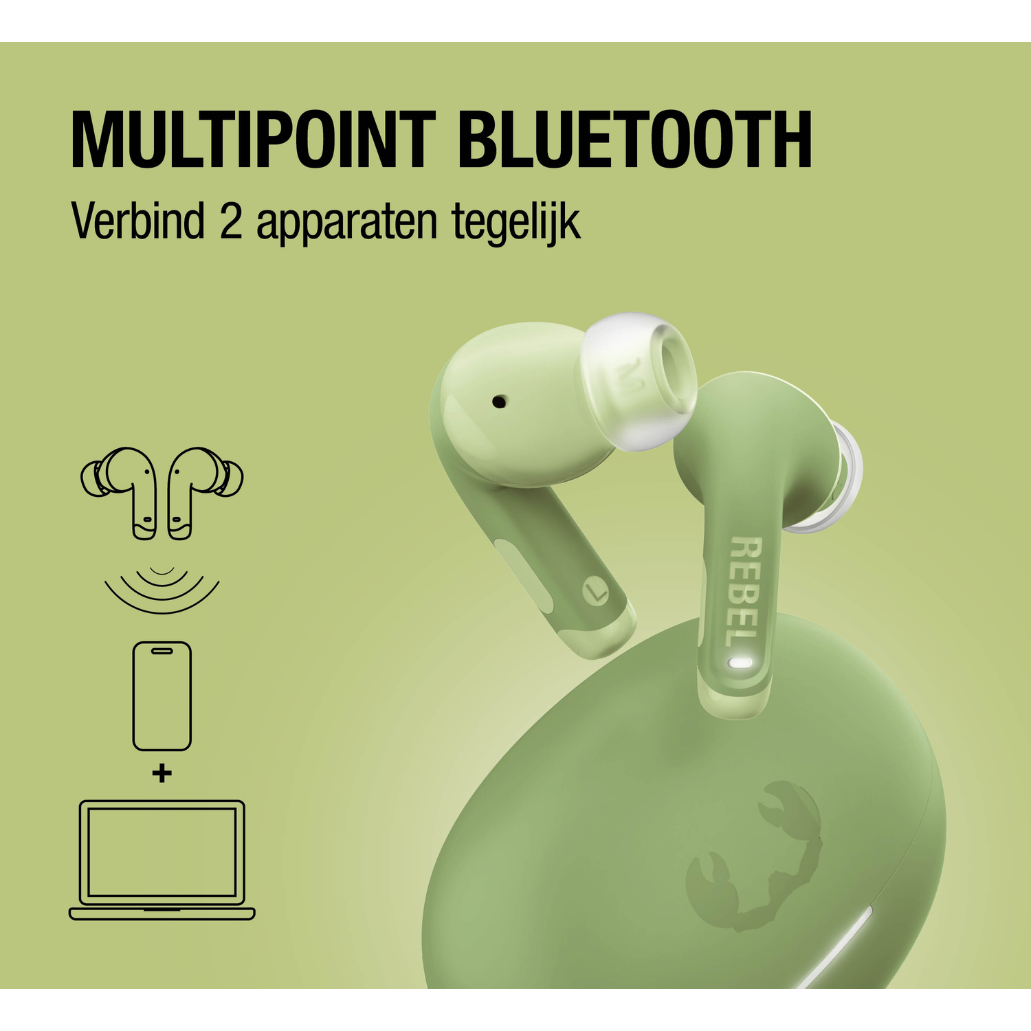 Green wireless earbuds with charging case, connected to smartphone and laptop.