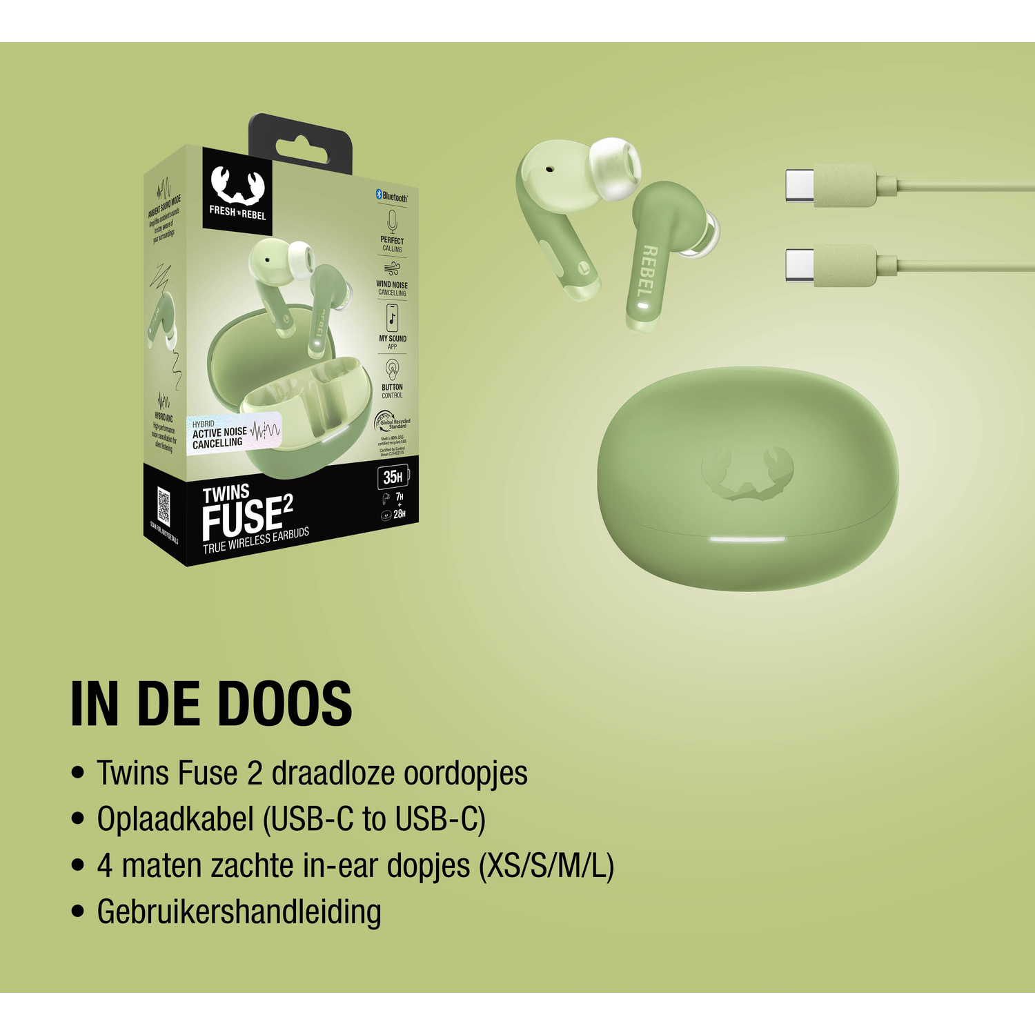 Green Fresh 'n Rebel Twins Fuse 2 earbuds with charging case and cables.