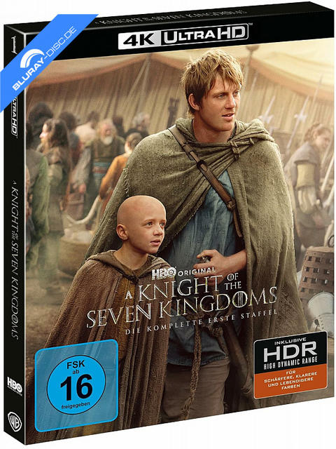 Ein Mann und ein Junge stehen vor einem Zelt. "A Knight of the Seven Kingdoms" Blu-ray.