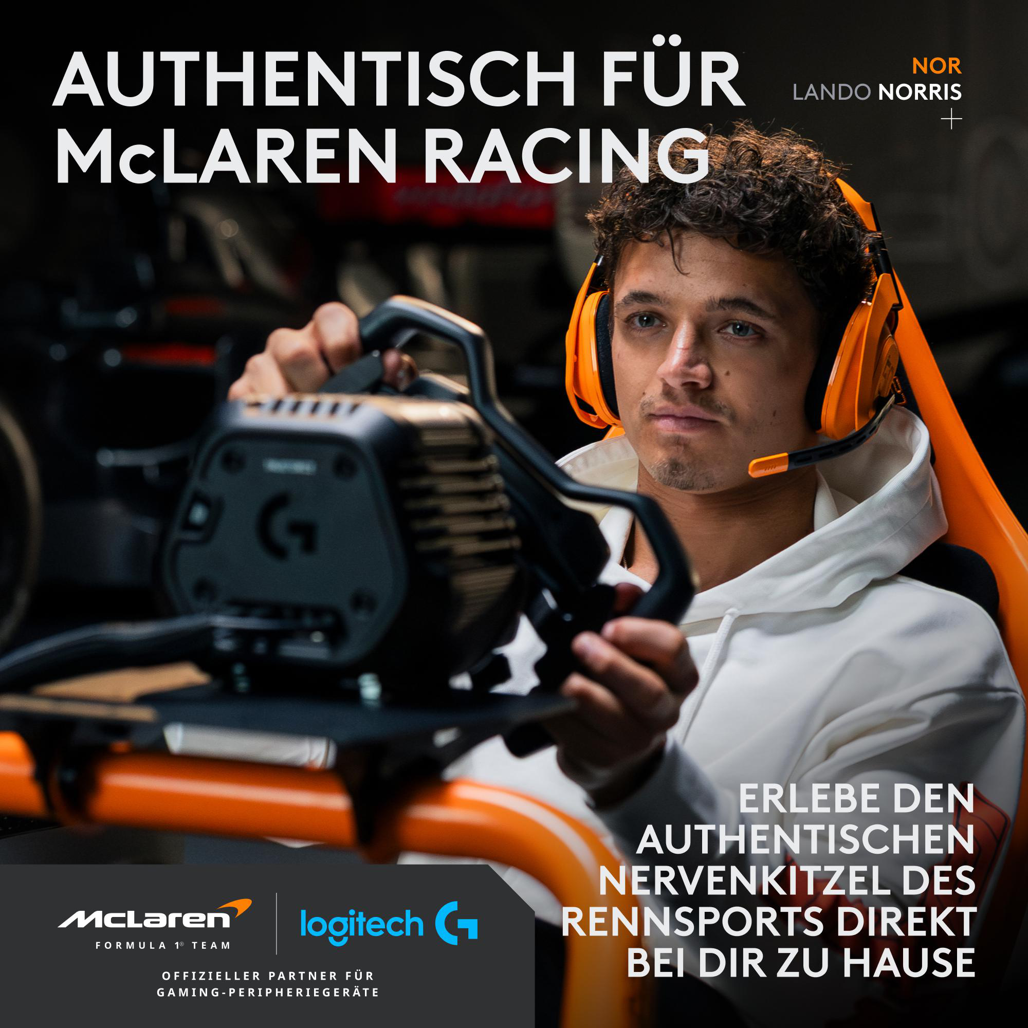 Lando Norris in McLaren Racing gear, using a Logitech gaming wheel.