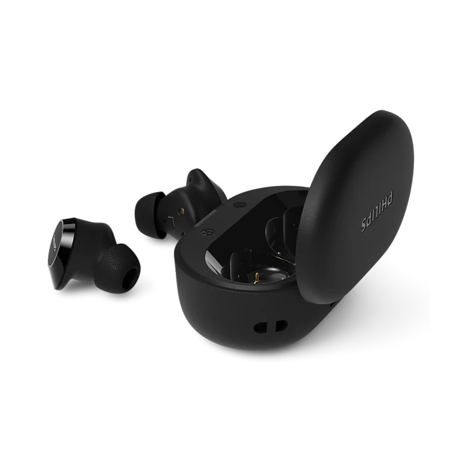 Auricolari wireless Philips neri e custodia di ricarica su sfondo bianco.