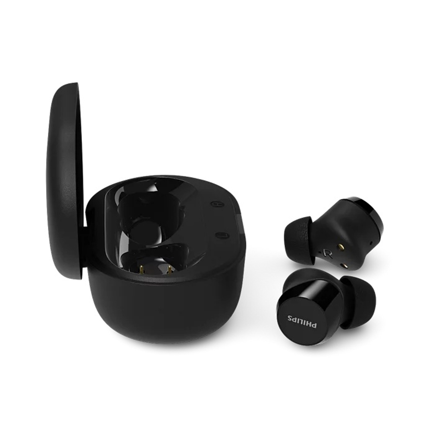 Auricolari wireless Philips neri con custodia di ricarica.