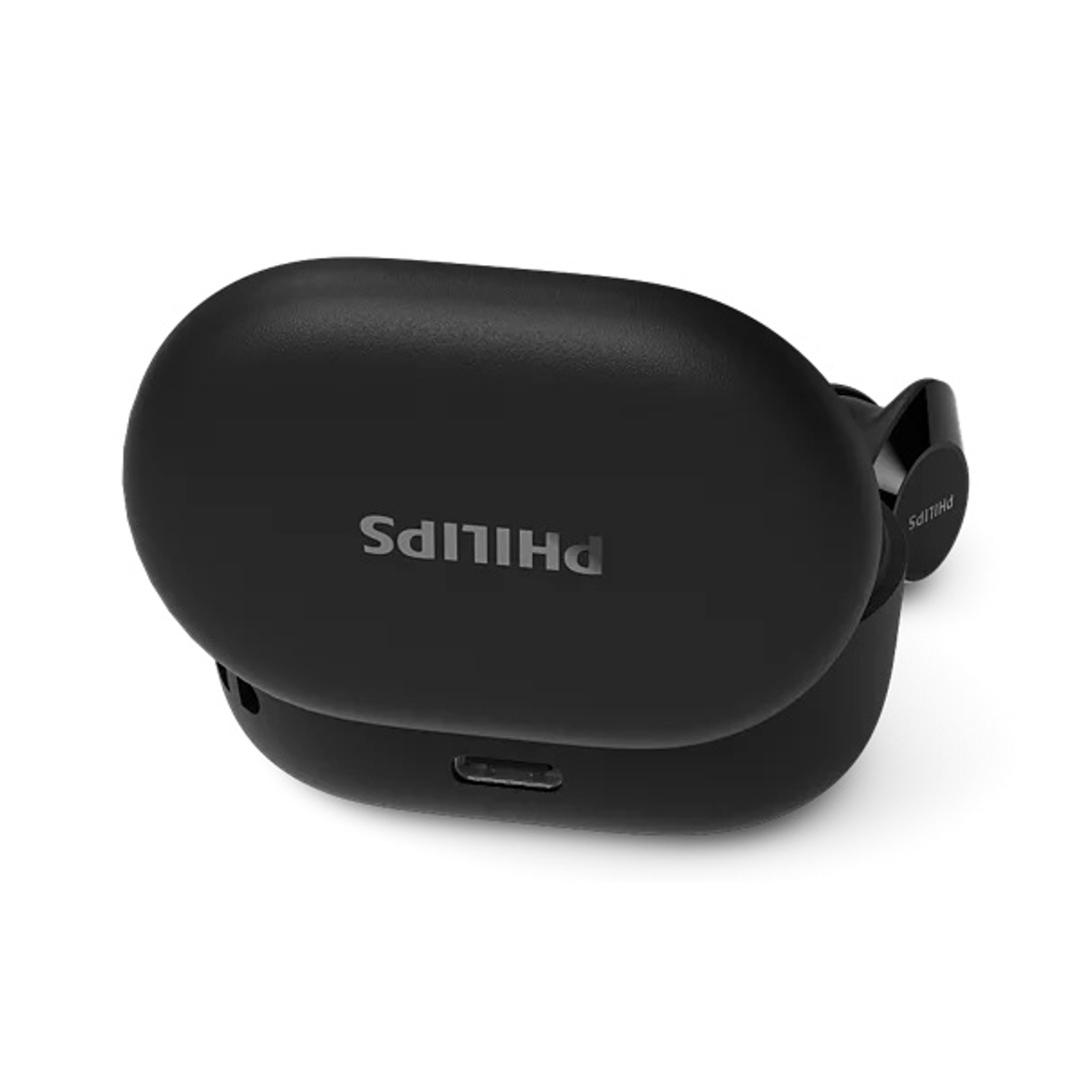 Auricolari Philips neri in custodia di ricarica con porta USB-C.