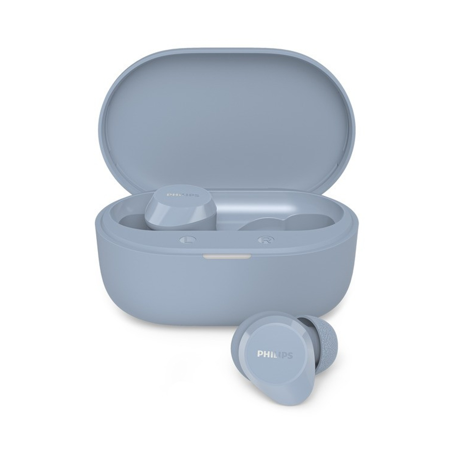 Auricolari Philips blu con custodia di ricarica, uno è davanti.